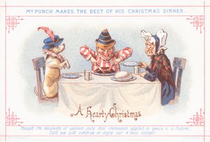 Mr Punch sentando-se para o jantar de Natal, cartão de Natal de English School
