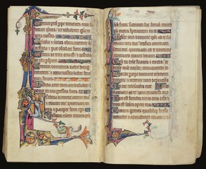 Ms 1-2005, ff.122v-123r: Decoração marginal grotesca do Saltério de Macclesfield, Uso de Sarum, East Anglia, c.1330 de English School