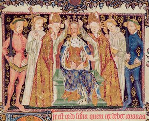 Ms 197 f.3r Coroação de um rei, de Liber Regalis de English School