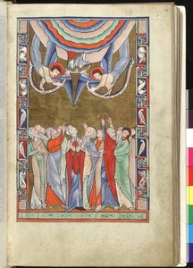 Ms Hunter 229 f.14r The Ascension, do Hunterian Psalter, c.1170 (caneta & tinta e têmpera sobre o vellum) de English School