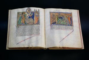 Sra. LA 139-Lisboa fol.37v-38 A besta blasfemando nome de Deus, e as pessoas adorando a 3ª e 2ª bestas, do Apocalipse Gulbenkian, c.1265-70 de English School