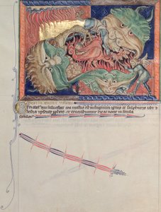 Sra. LA 139-Lisboa, fol.71 As garras do Inferno engolindo o dragão vermelho, a besta do mar e a fera da terra, do Apocalipse Gulbenkian, c.1265-70 de English School