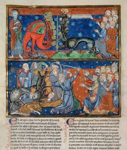 Ms R.16.2 f.14b A morte do monstro de sete cabeças, do Apocalipse da Trindade, anglo-normando, c.1250 (velino) de English School