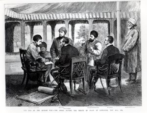 Muhammad Yaqub Khan (1849-1923) assinando o Tratado de Paz em Gundamak no dia 26 de maio de 1879 de English School