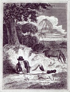 Mungo Park, na África, uma ilustração de "Viagens nos distritos do interior da África: realizada nos anos de 1795, 1796 e 1797", publicada em 1816 (impressão) de English School