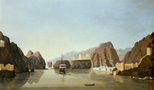Mascate do porto com uma fragata britânica ancorada, de dezesseis vistas de lugares no Golfo Pérsico, por tenente R. Temple, publicado em 1813 (aquatint)