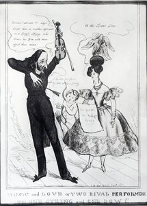 &39;Music and Love ou Two Rival Performers em uma String e um Bow&39;, caricatura de Hector Berlioz (1803-69) e Harriet Smithson (1800-54) de English School