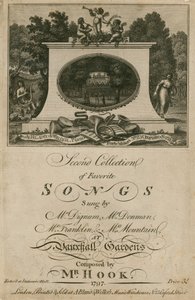 Partitura musical que coleciona canções favoritas cantadas em Vauxhall Gardens, Londres, composta pelo Sr. Hook de English School
