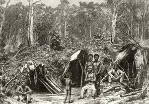 Acampamento Aborígene nativo, c.1880, de &39;Australian Pictures&39;, de Howard Willoughby, publicado pela Religious Tract Society, Londres, 1886 de English School