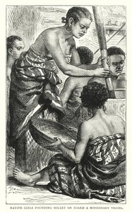 Native Girls pounding Millet a bordo de um Vaso Missionário (gravação colorida) de English School