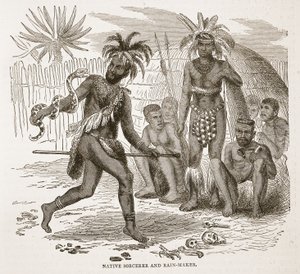Feiticeiro nativo e Rain-maker, ilustração da edição pictórica da vida e das descobertas de David Livingstone por J. Ewing Richie, bar. por A. Fullarton & Co., 1876 de English School