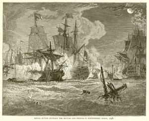 Ação naval entre britânicos e franceses em Pondicherry Roads, 1758 de English School