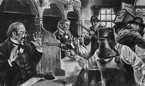 Ned Kelly invadindo um banco (litho) de English School