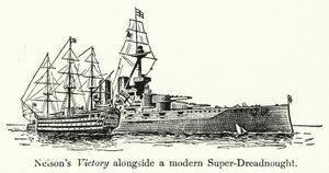 A vitória de Nelson ao lado de um Super-Dreadnought moderno de English School