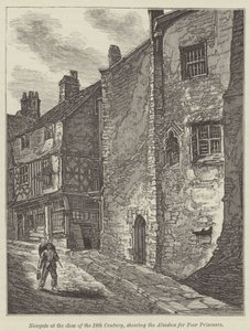 Newgate no final do século XVIII, mostrando a caixa de esmolas para prisioneiros pobres (gravura) de English School