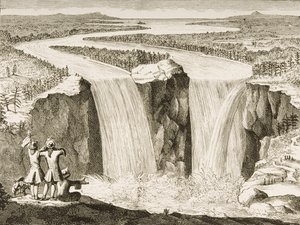 Cataratas do Niágara, depois de um esboço feito pelo padre Hennepin em 1677, de "American Pictures" publicado pela Religious Tract Society, 1876 de English School