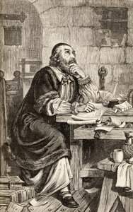 Nicholas Ridley escrevendo cartas na prisão enquanto aguarda sua execução, c.1865 (gravura em madeira) de English School