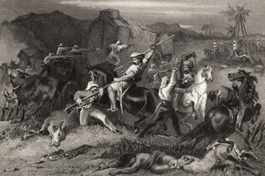 Night Sortie e ataque a vagões de bagagem, de "A História do Motim Indiano", publicado em 1858 de English School