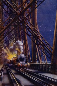 Comboio nocturno que atravessa a Ponte Forth, Escócia (cor litho) de English School