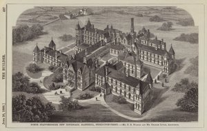 North Staffordshire New Infirmary, Hartshill, Stoke-upon-Trent, Mr G B Nichols e Mr Charles Lynam, Architects (gravura) de English School