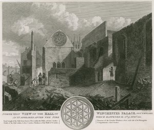Vista noroeste do Hall do Palácio de Winchester como apareceu após o incêndio de English School