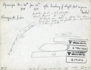 Notas sobre o navio de balsa de trem de gelo SS Baikal (lápis e tinta sobre papel) de English School