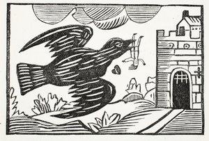 Agora, por um corvo de grande força, o pobre Tom foi levado, ilustração de Chap-livros do século XVIII por John Ashton, pub. 1882 de English School