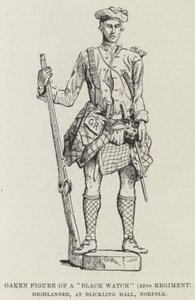 Figura de Carvalho de um "Black Watch" (42º Regimento) Highlander, em Blickling Hall, Norfolk (gravura) de English School