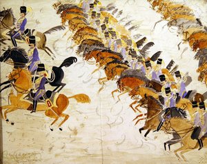 Oficiais a galope a cavalo, c.1840 (aguarela sobre papel) de English School