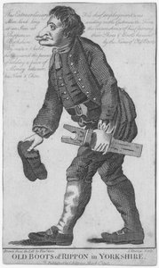 Botas antigas de Rippon em Yorkshire, gravadas por J. Strange (século XVIII) depois de um desenho de Timothy Grin, publicado por C. Johnson, 1793 de English School