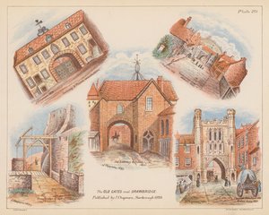 Portões antigos e ponte levadiça, Scarborough (litografia a cores) de English School