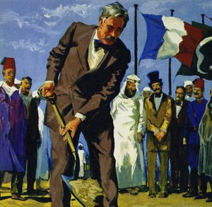 Em 25 de abril de 1859, de Lesseps revirou a primeira sujeira do canal de Suez de English School