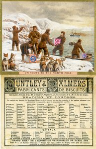 Em Route to the North Pole, frente e verso de um cartão promocional para Huntley & Palmers Biscuits, produzido para o mercado francês, 1890 de English School
