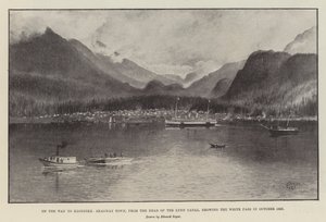 A Caminho de Klondike, Skagway Town, da Cabeça do Canal de Lynn, mostrando o White Pass em outubro de 1897 (litho) de English School