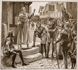 Um dos padres pobres de Williams pregando para o povo, ilustração da História Ilustrada de Cassells da Inglaterra (foto em sépia) de English School