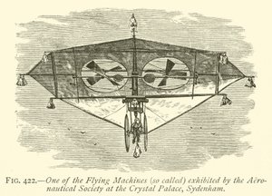 Uma das máquinas voadoras (assim chamadas) exibidas pela Sociedade Aeronáutica no Palácio de Cristal, Sydenham (gravura) de English School