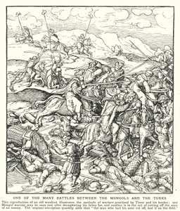 Uma das muitas batalhas entre os Mongóis e os Turcos (litho) de English School