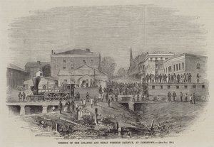 Inauguração do caminho de ferro Atlântico e do Grande Oeste, em Jamestown (gravura) de English School