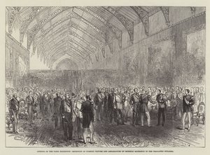 Abertura da Exposição de Paris, Recepção de Príncipes e Embaixadores Estrangeiros pelo Marechal Macmahon no Edifício Trocadero (gravura) de English School