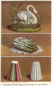 Moldes ornamentais para a criação de alimentos gelados em forma de cisne e feixe de espargos (chromolitho) de English School