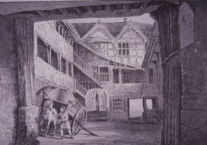 Ostler a cavalo no pátio do New Inn, Gloucester (gravura em madeira) de English School
