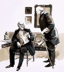 Otto Von Bismarck persuadiu o Rei William a não se demitir (guache no papel) de English School