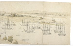 Panorama (metade direita) de Whampoa da Ilha Dane, com a navegação britânica e americana no ancoradouro de English School