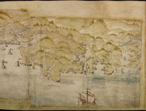 Parte de um mapa panorâmico da costa desde Land