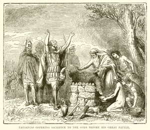 Pausânias oferecendo sacrifício aos deuses antes de sua grande batalha
