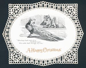 Pavão e coruja na loja, cartão de Natal de English School