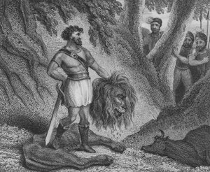 Pepin, o Baixo, Rei dos Francos, provando que sua estatura não impede sua capacidade de governar matando um leão de English School