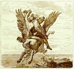 Perseu no cavalo alado Pégaso, com cabeça de Medusa, ilustração da história ilustrada do mundo, publicado c.1880 (imagem digital melhorada) de English School