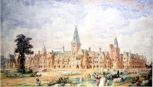 Desenho de perspectiva para uma escola ou faculdade, c.1865 de English School