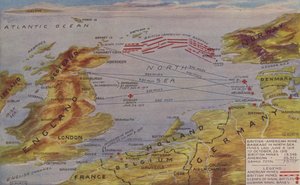 Mapa em perspetiva mostrando a localização da barragem de minas do Mar do Norte, o cenário das principais acções navais e as bases navais alemãs (litografia a cores) de English School